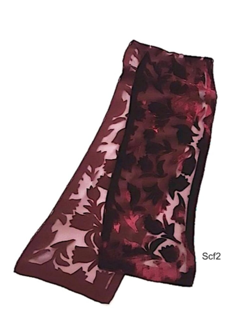 Burgundy Red Silk/Viscose Velvet Long Scarf Tulips Embossed Rectangle Semi-sheer